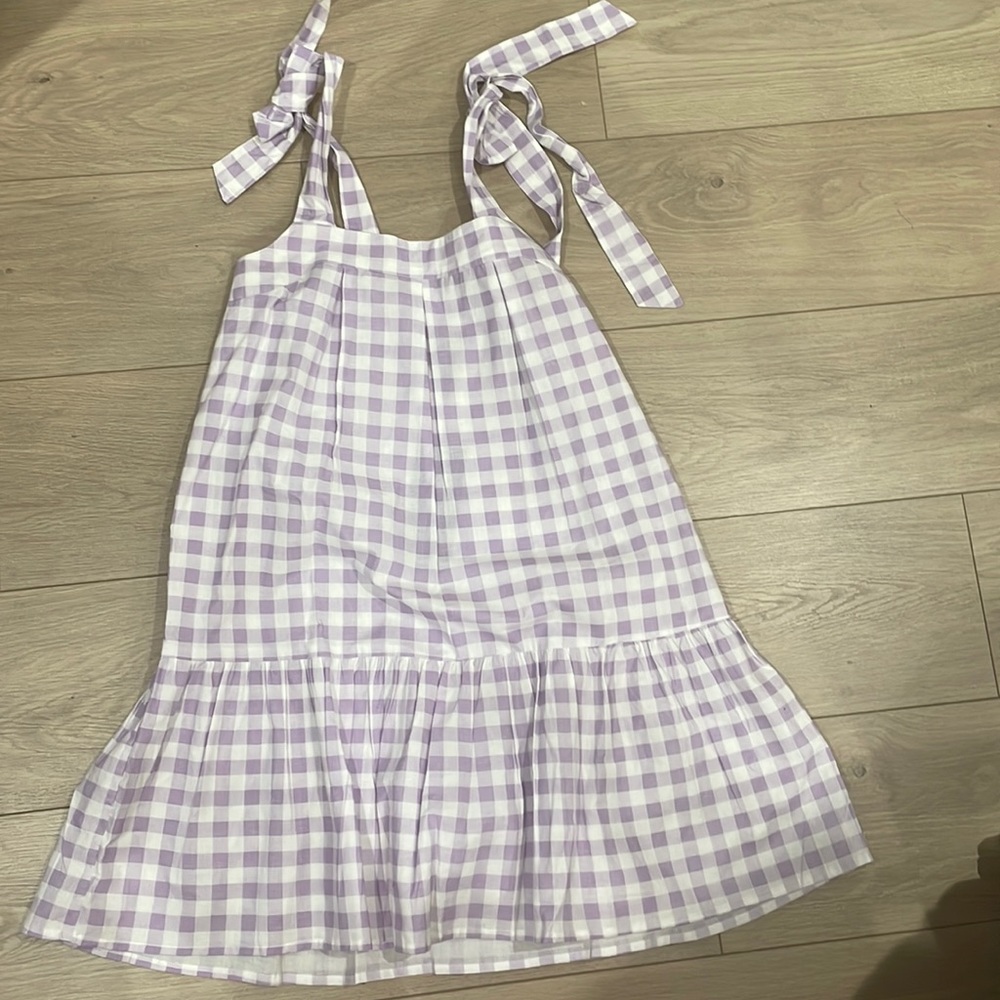 NWT. Tie Strap Mini Drop Waist Dress in Lilac Gingham.